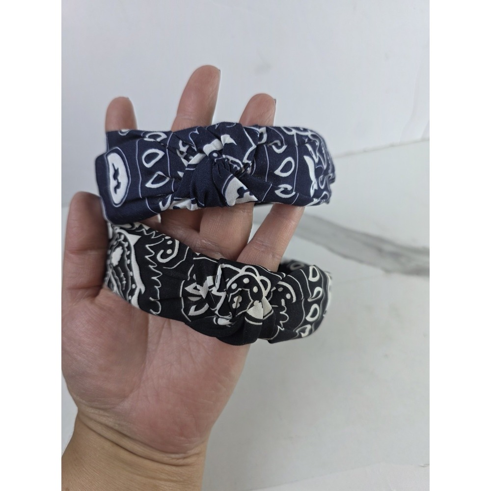 Lot of 2 Bandana Paisley Knotted Top Headbands Black Navy Blue Hair Accessories